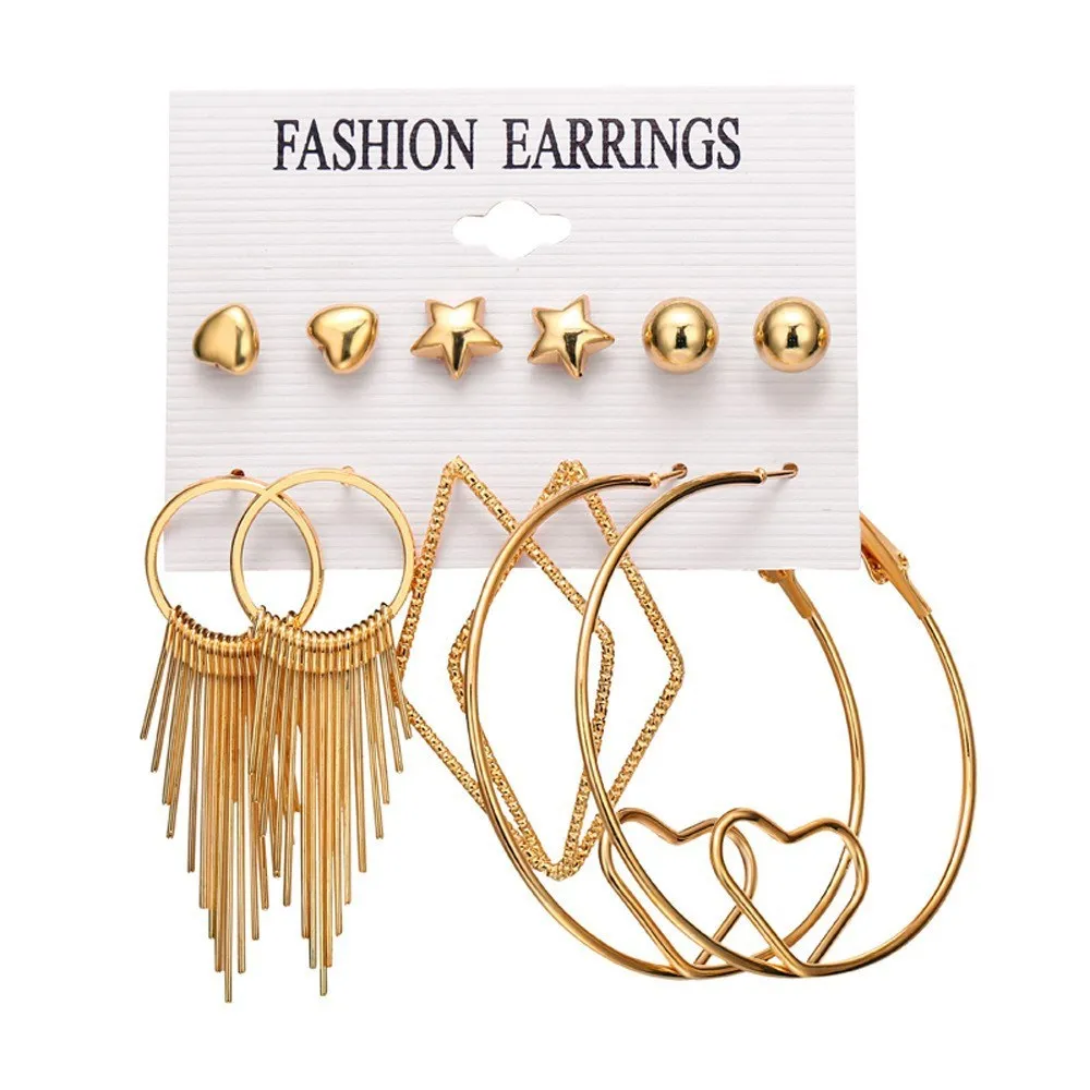 

Korean Style 6 Pair Gold Plated Metal Tiny Heart Star Ball Young Ladies Girls Big Hoop Geometric Earring Set Jewelry For Women, Color plated as shown