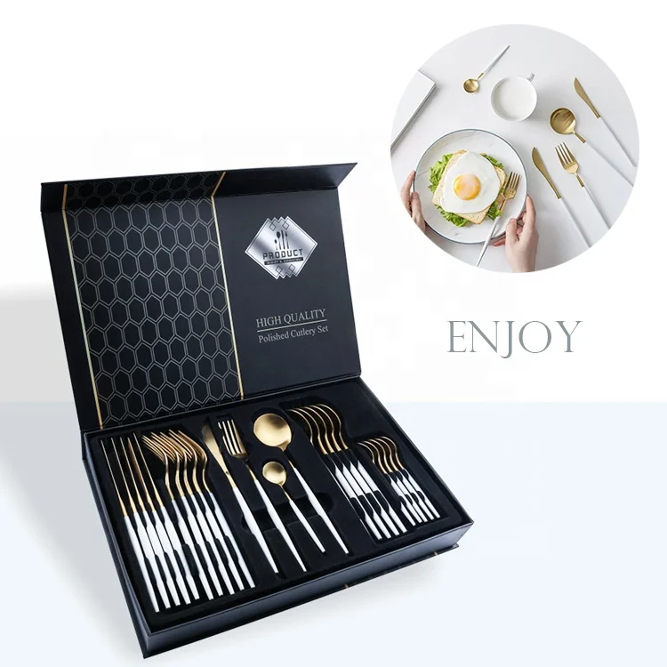 

Luxury Custom logo Restaurant Dinnerware Cutlery Dinnerware Spoon Fork Knife White Gold Stainless Steel 18/10 Flatware Sets, Customized color