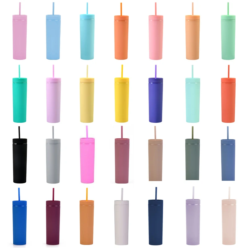 

colorful 16oz Customized Matte plastic cup Painted double wall frost acrylicskinny tumbler With Lid And Straw, Multi colors