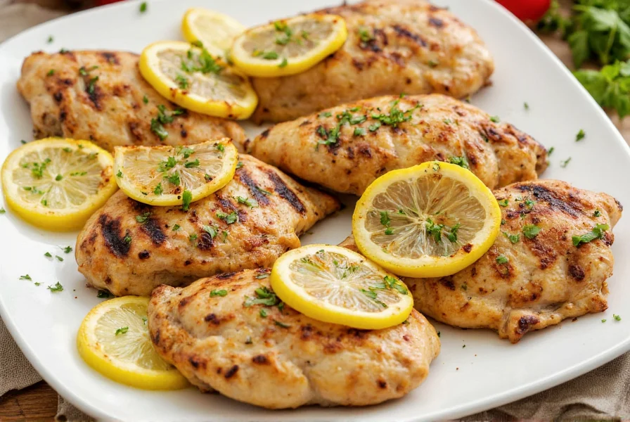 Grilled chicken breasts with lemon slices and fresh herbs on a platter
