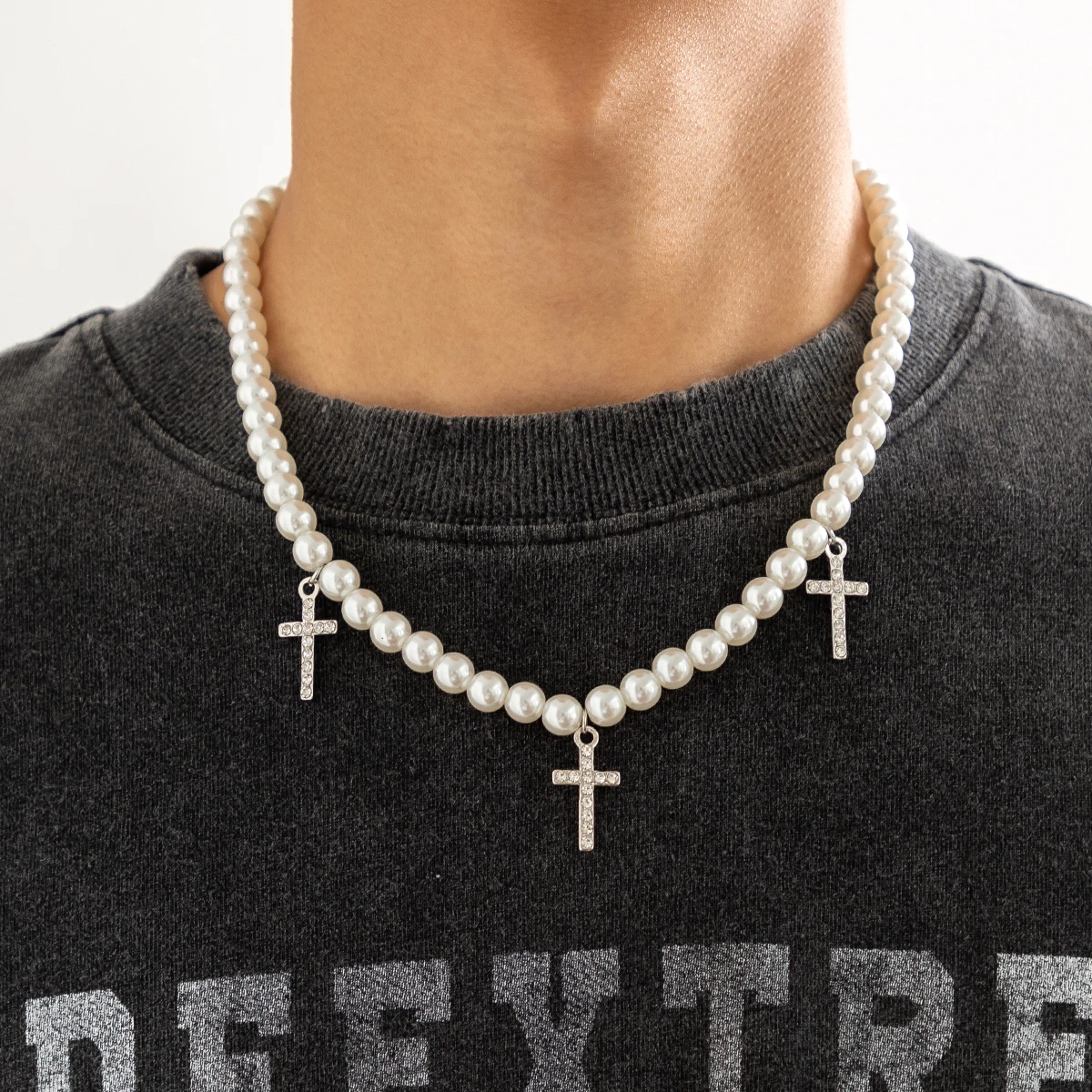

SHIXIN Fashion Necklace Personality Rhinestone Pearl Cross Necklace Male Unique Hip Hop Cross Pendant Design Accessories Gift