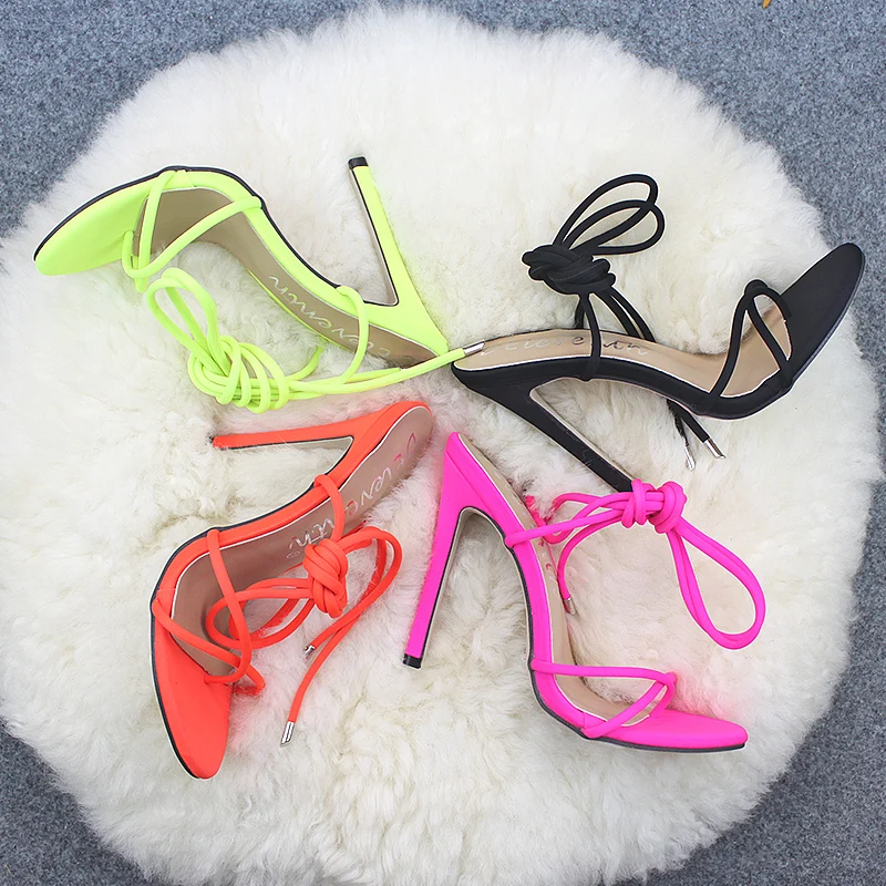 

INS Hot Lace up ladies shoes 2020 arrivals women sexy shoes high thin heels sandals for women and ladies, Orange, green, black, rose