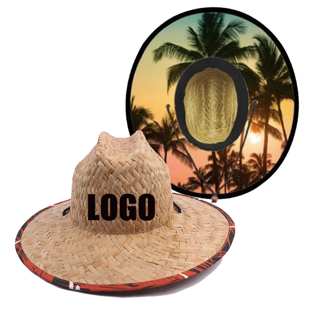 

Wholesale Beach Surf Big Straw Hat Unisex Custom Front Patch Under Pattern Hollow Summer Lifeguard Sun Straw Hat