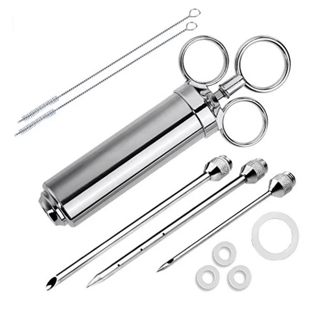 

Stainless steel turkey seasoning Three-needle syringe with cleaning brush silicone brush set meat injector