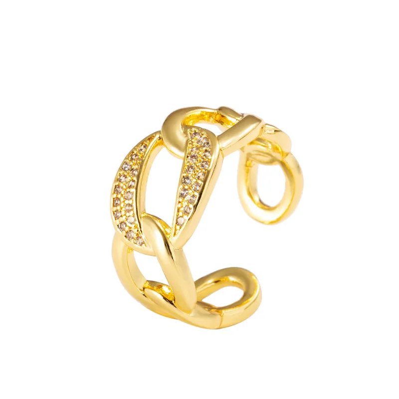 

Fashion Real Gold Plated Adjustable Crystal Cuban Curb Link Finger Ring Opening Hollow Twist Chain Finger Ring