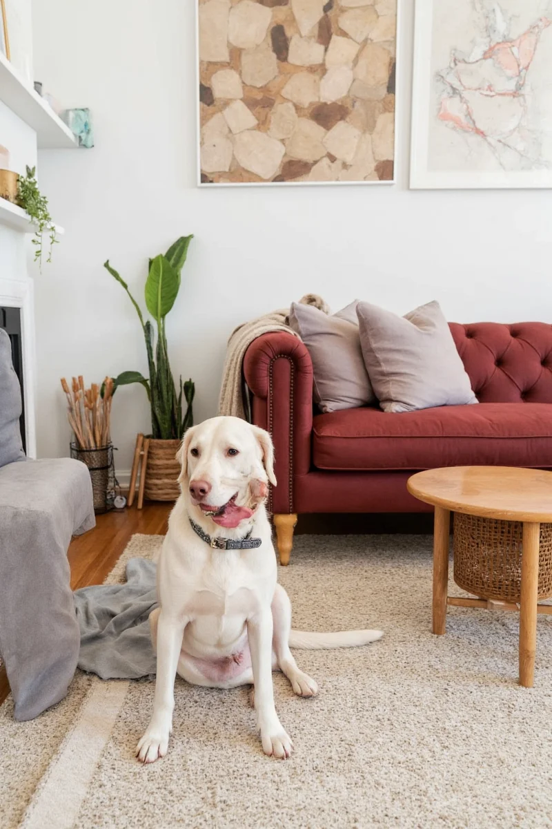 A happy family sitting with their dog in a beautifully decorated living room designed for both humans and pets.