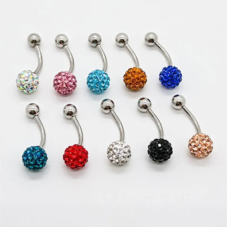 

SC Summer Shiny Full Diamond Belly Ring Piercing Jewelry Medical Stainless Steel Shambhala Crystal Ball Belly Button Rings Women, White, red,blue,black,pink, orange,