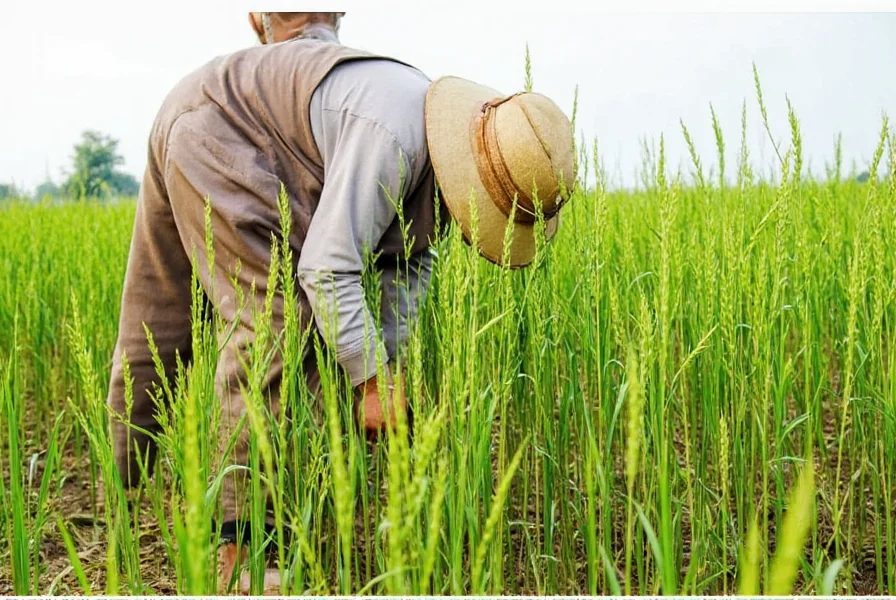 Farmer harvesting mature sesame plants showing the characteristic upright growth and seed pods ready for collection