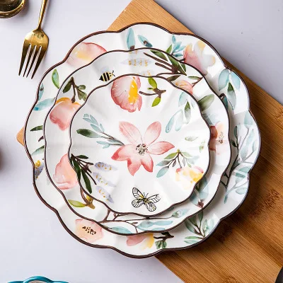 

Retro pastoral style ceramic plate household underglaze hand-painted ceramic lace plate, As the picture show