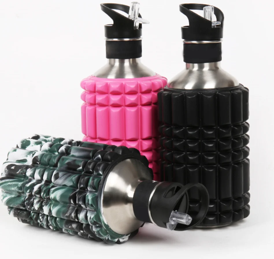 

800ml 1200ml Sports bottle stainless steel 2-in-1 Foam Roller BPA Free Water Bottle with Straw