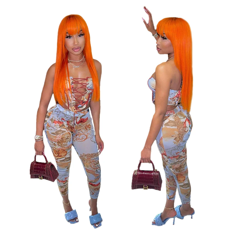 

2021 Summer Two Piece Clothing Sexy Lace-up Printed Crop Top and Trousers