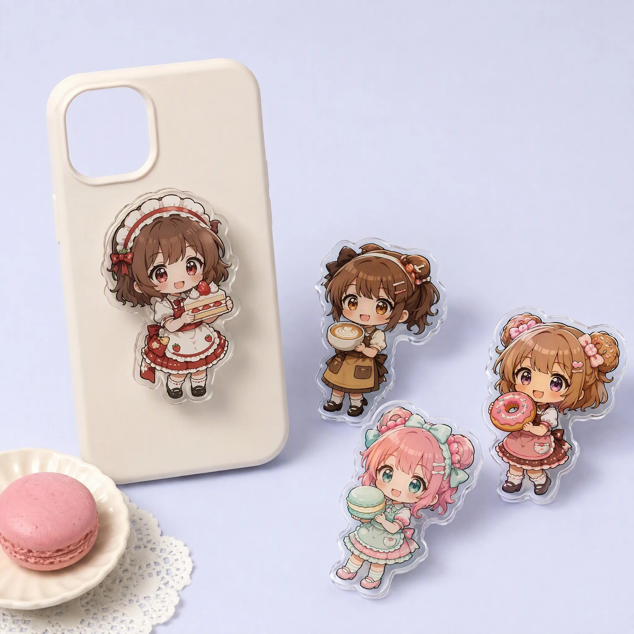 Strawberry Shortcake Maid Acrylic Grip Attached to Phone Case with Latte, Macaron, and Donut Girls