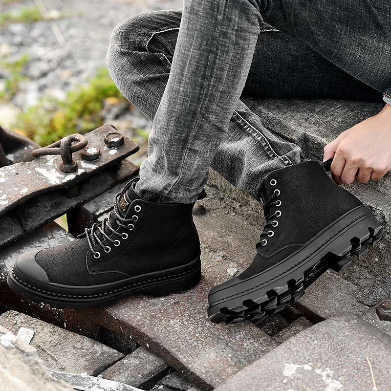 

autumn and winter cotton shoes ankle boots Men's boots tooling trend waterproof high-top leather boots, As pictures