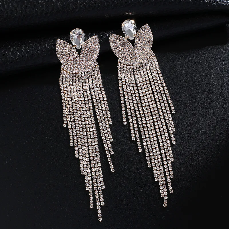 

ZE643 Wholesale Fashion Bridal Crystal Tassel Earrings Wedding Rhinestones Long Earrings Jewelry, As photo