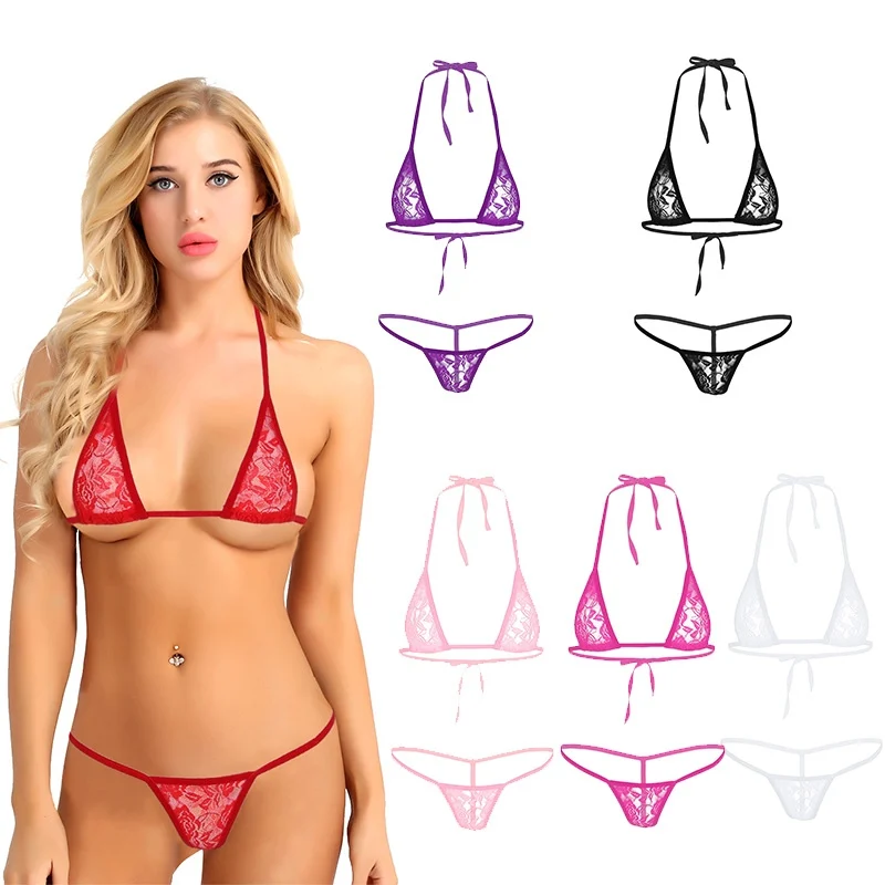 

Women Lingerie Set Lace Hot Transparent Halterneck Mini Micro Bikini Bra Top with G-String Briefs Underwear Lingerie Set