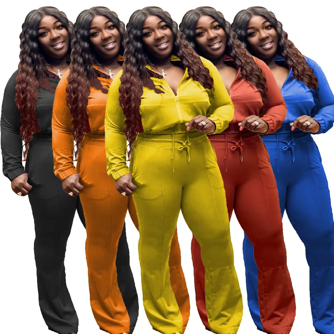 

2021 Fall Women Plus Size Clothing Plus Size Sporty Solid Turndown Collar Long Sleeve Zipper 2 Piece Outfits, Black,blue,yellow,orange,orange/red