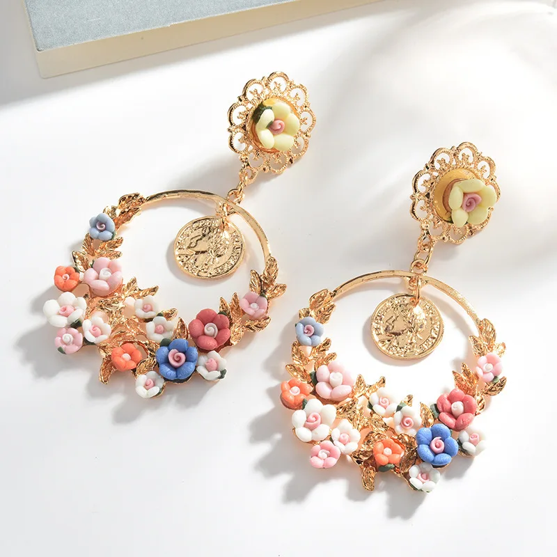 

Europe And America New Style Exaggerate Elegant Flower Coin Pendant Hoop Earring For Women