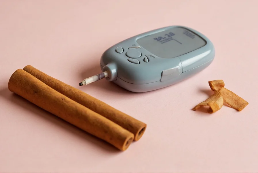 Blood glucose meter with cinnamon sticks nearby showing proper monitoring technique
