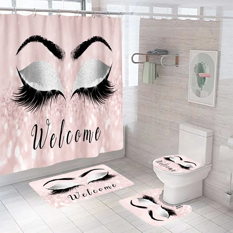 

Custom Print Bathroom Bath Rugs 4 pcs Fashion Eyelash Shower Curtain Sets