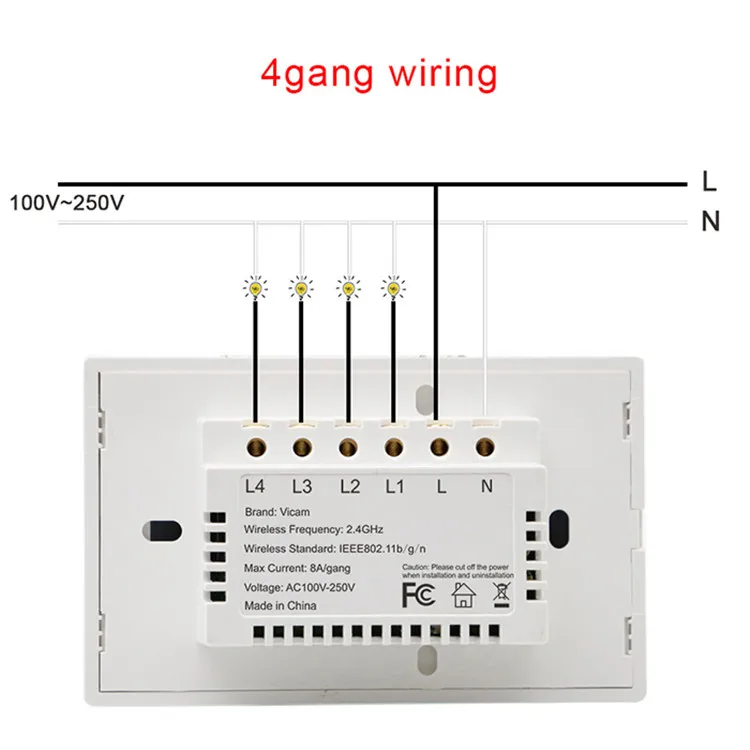 High Quality 2.4ghz Wifi App Wireless Control 4 Gang Smart Touch Switch