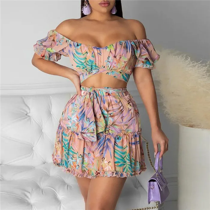 

H9206-women clothing 2021 summer printing off shoulder crop top and pleated skirt two piece set, Photo shown