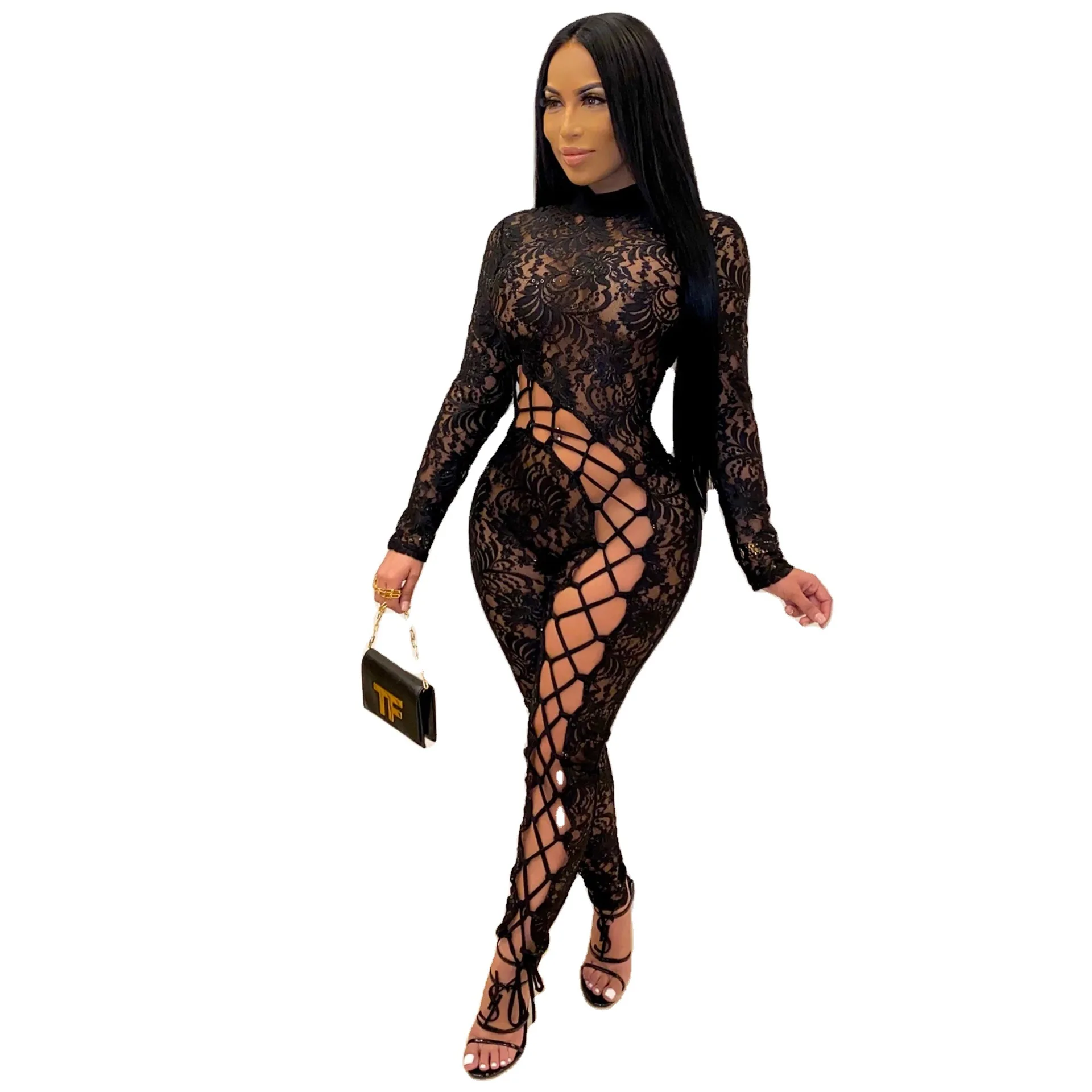 

Stylish Women Clothing Solid Color Hallow Out Club Wear Lace See Through Sexy Black Women One Piece Jumpsuits