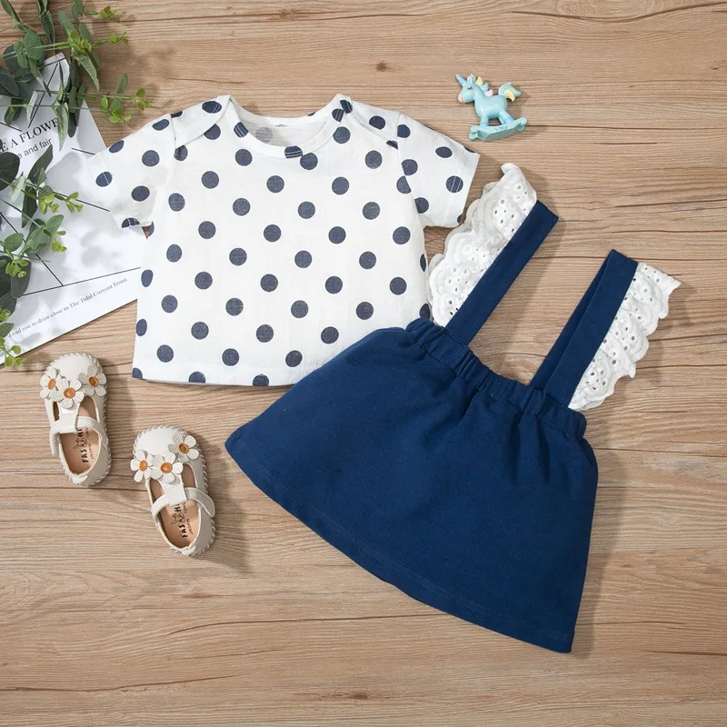 

0-18m Summer dot Baby Girls Clothes Sets Short Sleeve T Shirts Tops +Strap Dress outfit casual clothing set, As image shown