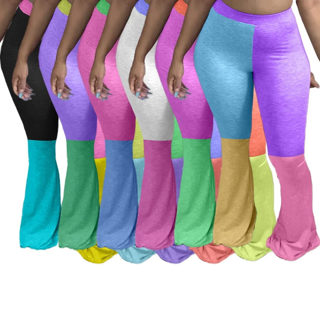 

B62385A Hot style casual fashion print patchwork color tight big flared trousers, Yellow/green/purple/orange/rose red/dark blue