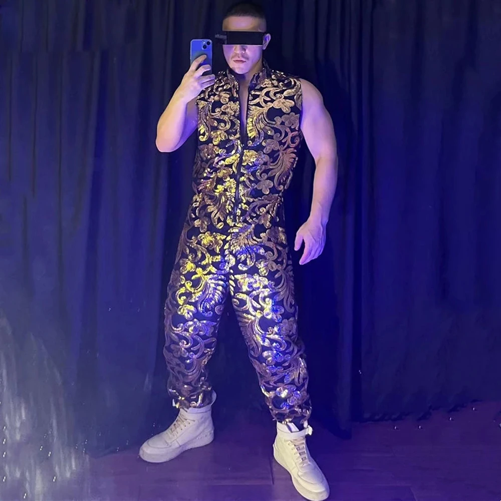 

Nightclub Men Dancer Hip Hop Stage Dance Costume Sexy Club Show Technology Future Laser Mirror Sequin Jumpsuit Performance Cloth