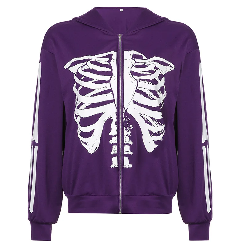

Skeleton Print Autumn Winter Hoodies 2021 Women fashion Zipper Up Harajuku Sweatshirt Gothic Clothes Loose Jacket Coat Hooded, White /brown/dark gray