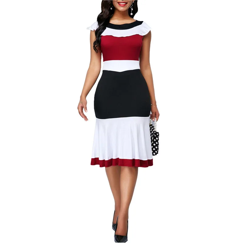 

Women's Round Neck Sleeveless Ruffled Contrast Commuting Slim Dress