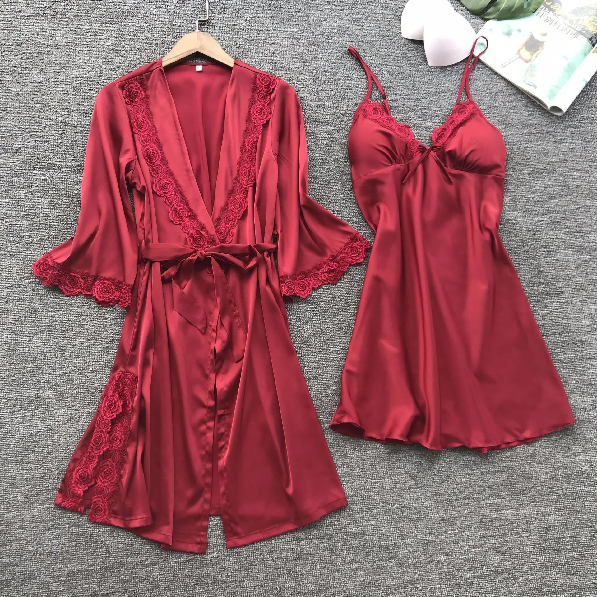 

Plus Size Nightgown Sexy Nighty Sex Sleepwear Robe De Soiree Pijamas Adulto Satin Silk Pyjama Women Red Dropship Pajama For Lady