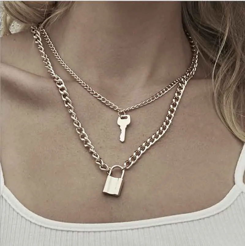 

Stainless Steel Material Multilayered stylish retro key and lock combo necklace choker, Silver / gold / black / black / rose gold / blue ...