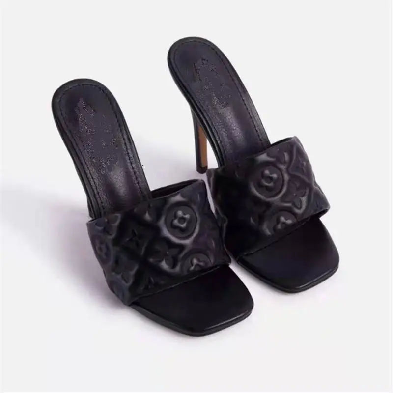 

2021 Sexy summer slipper high heels solid color high heels square front ladies high heel sandals, Black/pink/white/gold