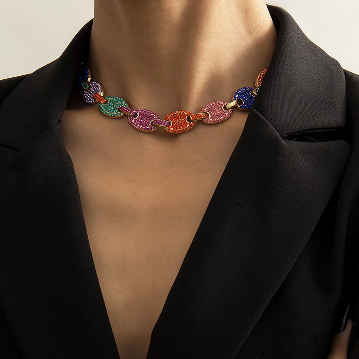 

2021Temperament OL wind slightly inlaid colored diamond necklace female fashion simple and versatile Cuban chain clavicle chain