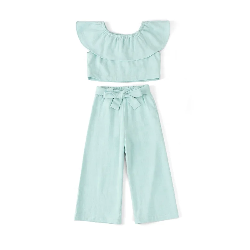 

Kids Girl Lovely Toddler Kid Baby Girl Linen Summer 2pcs Set Ruffles Solid Sleeveless Tops Long Pants Outfits, Picture