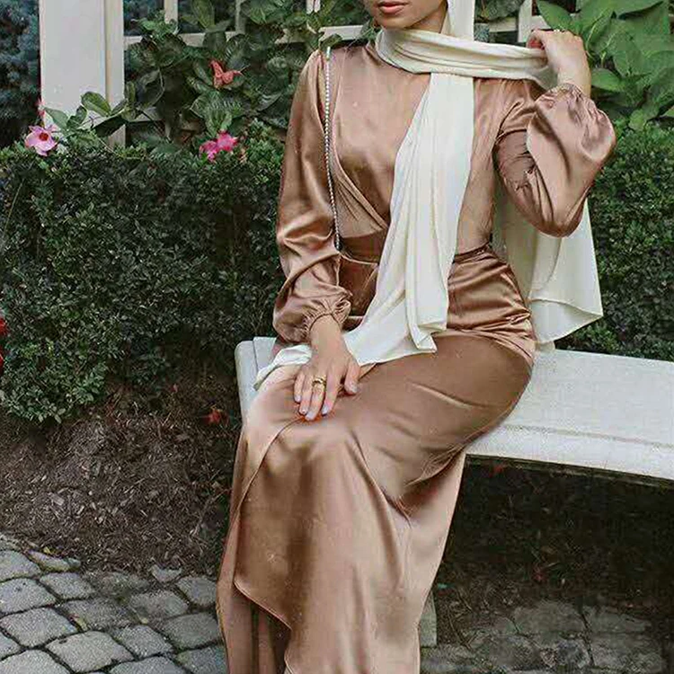 

Round Neck Crossover Design Satin Casual Abaya Dubai Islamic Clothing Muslim Dress