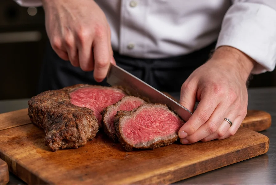 Professional chef slicing flank steak against the grain for pepper steak preparation