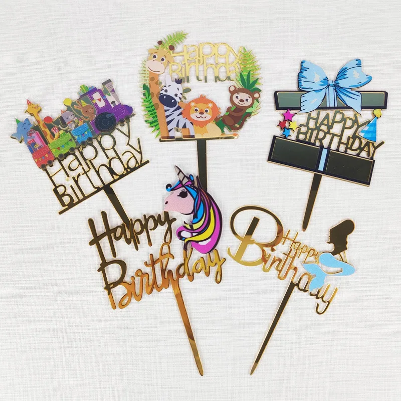 

Acrylic Wild Animal Lion Zebra Giraffe Monkey Cake Decoration Topper Happy Birthday Party Kids Supplies, As picture