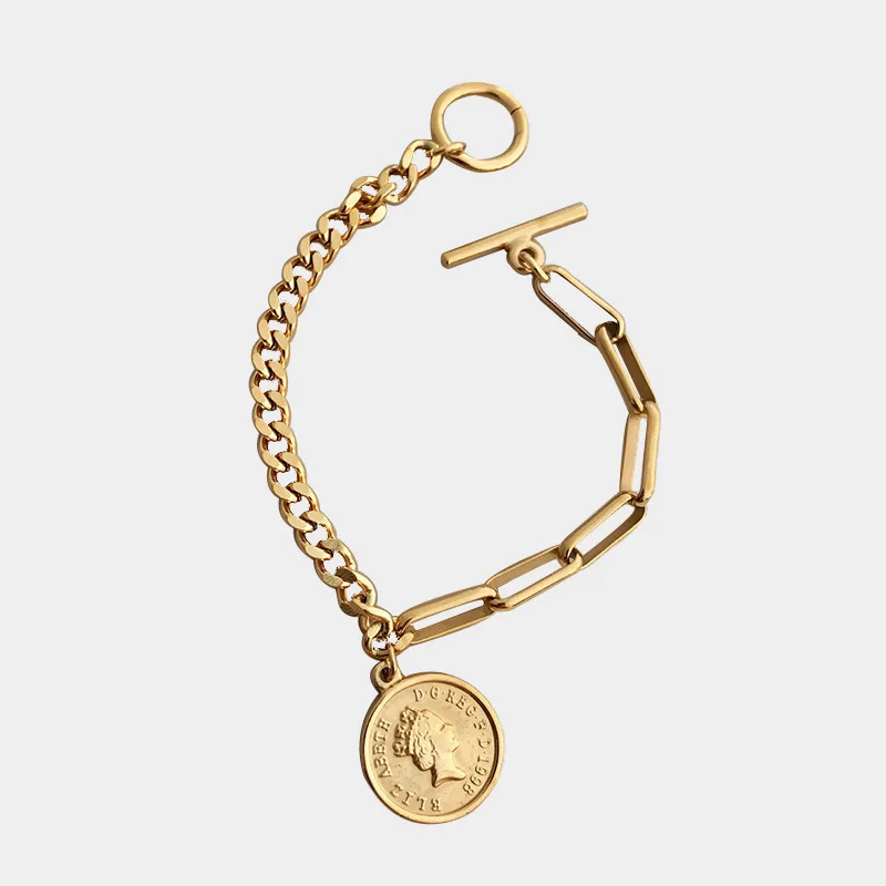 

Punk Style Gold Plated Asymmetric Link Chain Coin Bracelet OT 316L Stainless Steel Clasp Queen Head Charm Bracelet for Couples