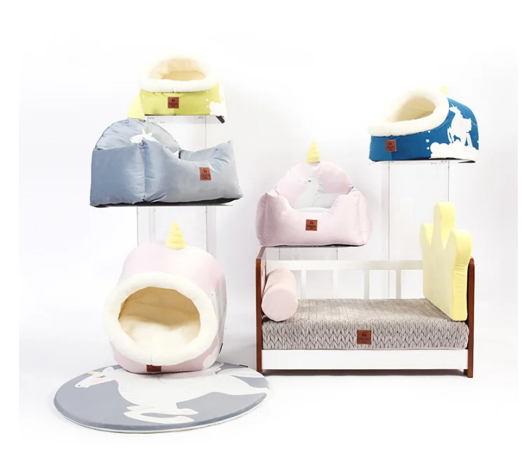 

Unicorn Printed Pet Cage Semi-closed Cat House Detachable Warm Dog Cage Lovely Soft Pet Bed