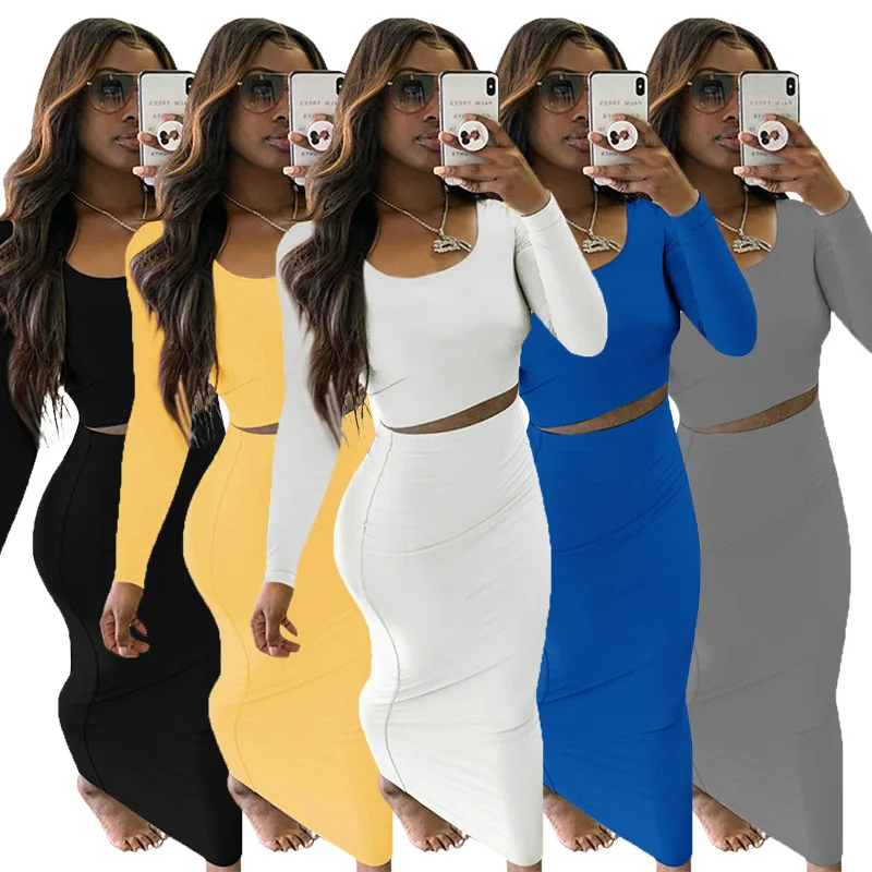 

2021 New arrival hot sale long sleeve short top and slim skirts lounge wear sets women, As picture or customized make