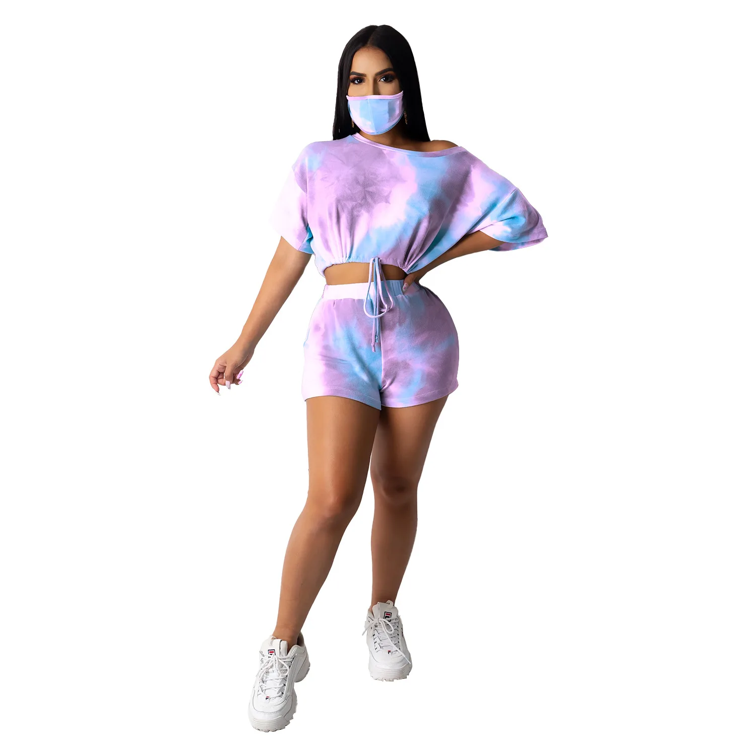 

2020 summer clothing 4colors rainbow tie die two piece bodycon bandage ladies outfit short romper crop top two piece sets, 3 different color