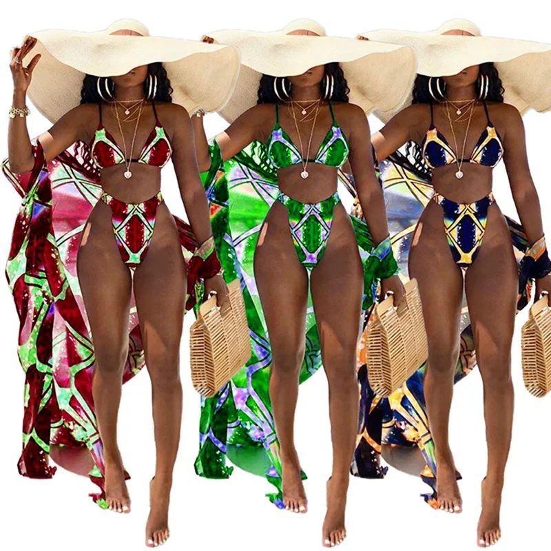 

Sexy Printed 3 PC Womens Swimwear Bikini Swim Suit Set With Cover Up 2021