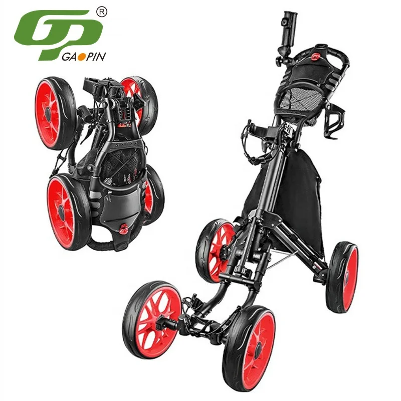 

New Arrival 4 Wheel Golf Push Cart Foldable Golf Cart Trolley With Foot Brake Umbrella Holder, Black,red,green or custom