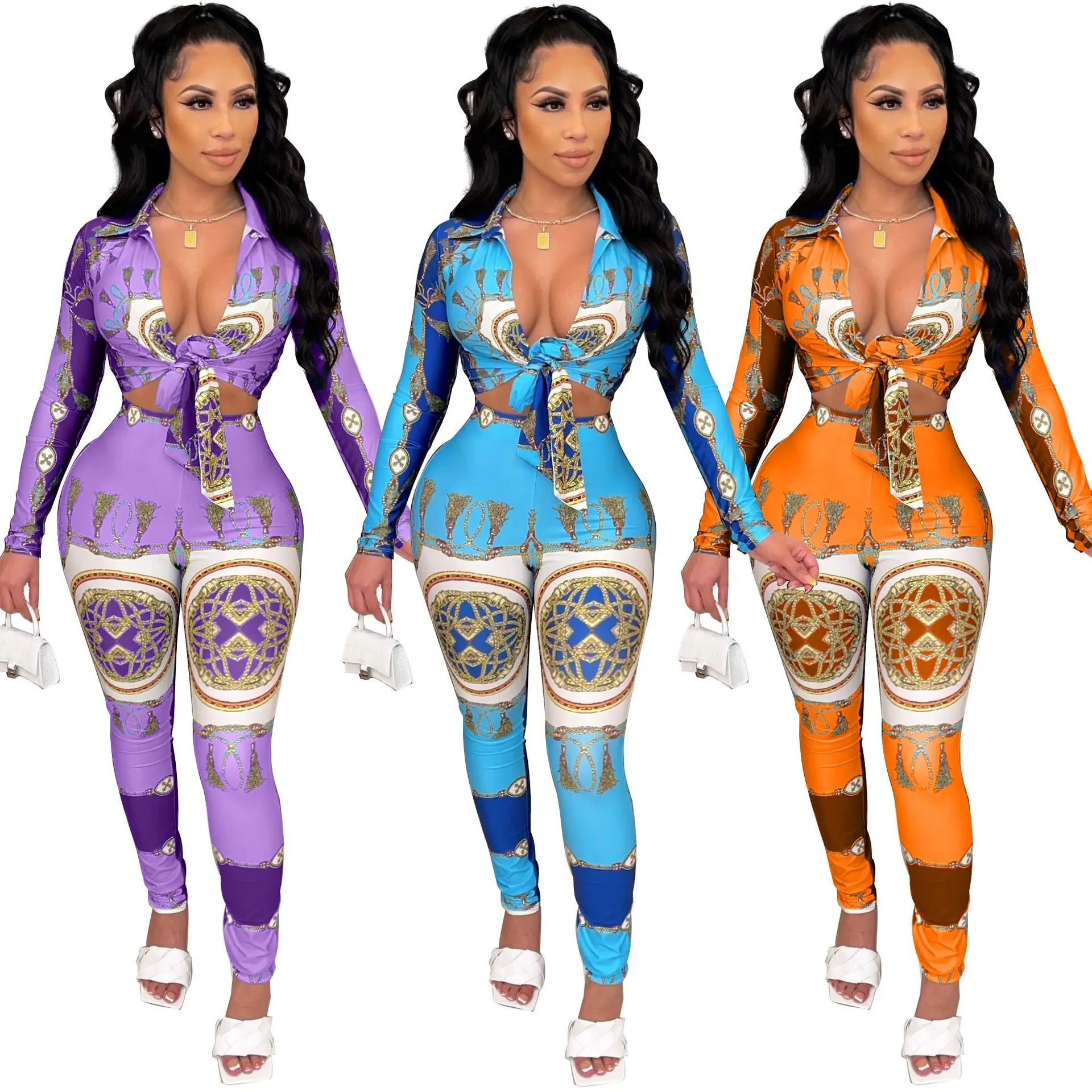 

O42025 - Pants And Top Casual Fashion Printed Long Sleeve 2 Piece Set Women