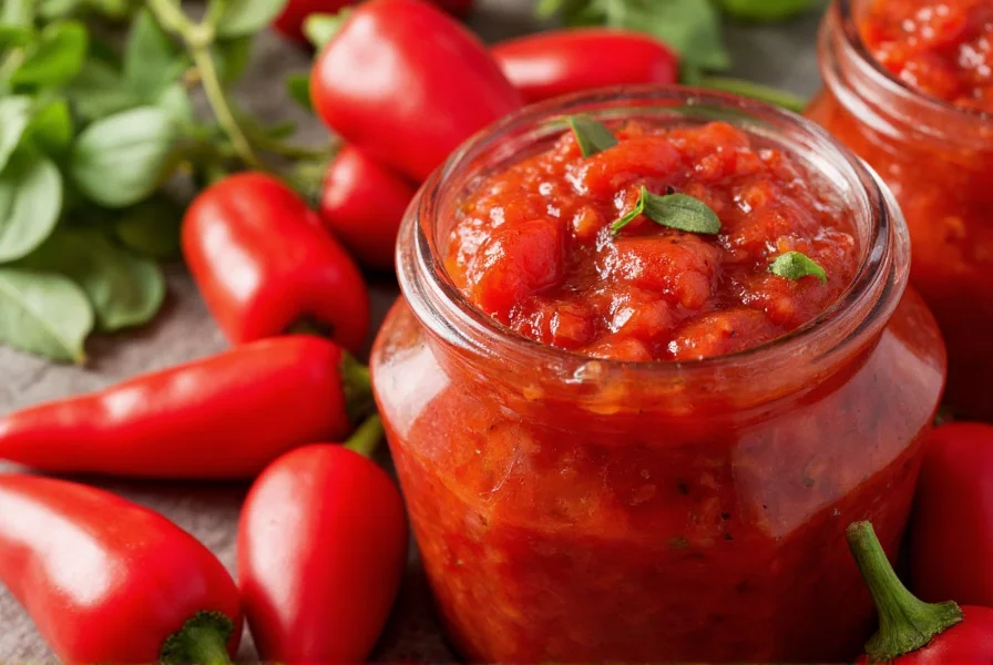 Close-up of vibrant red pepper jam in glass jar with fresh red bell peppers and herbs