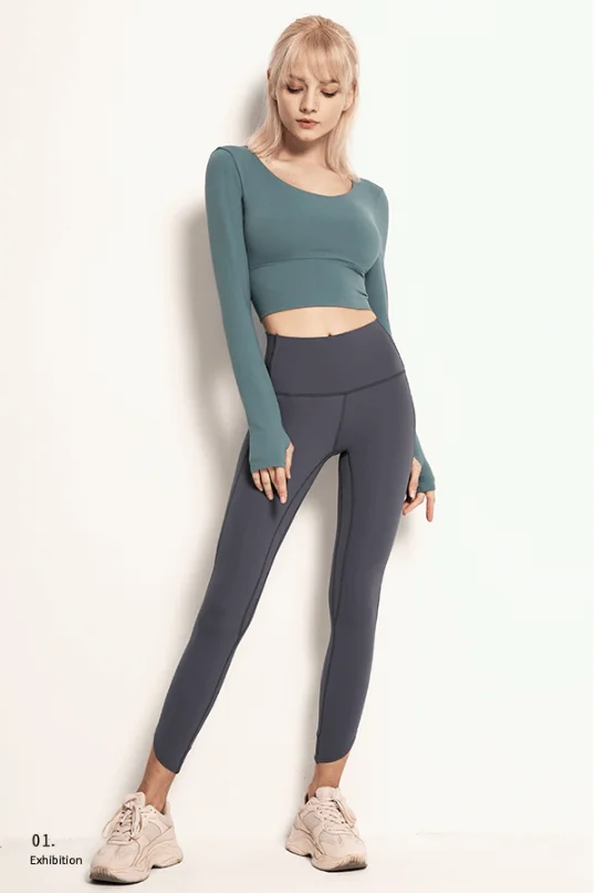 High Elastic Open Back Slim Fit Gym Workout Sports Long Sleeve Dance Women Yoga Top Crop Top Shirt with Removable Pads