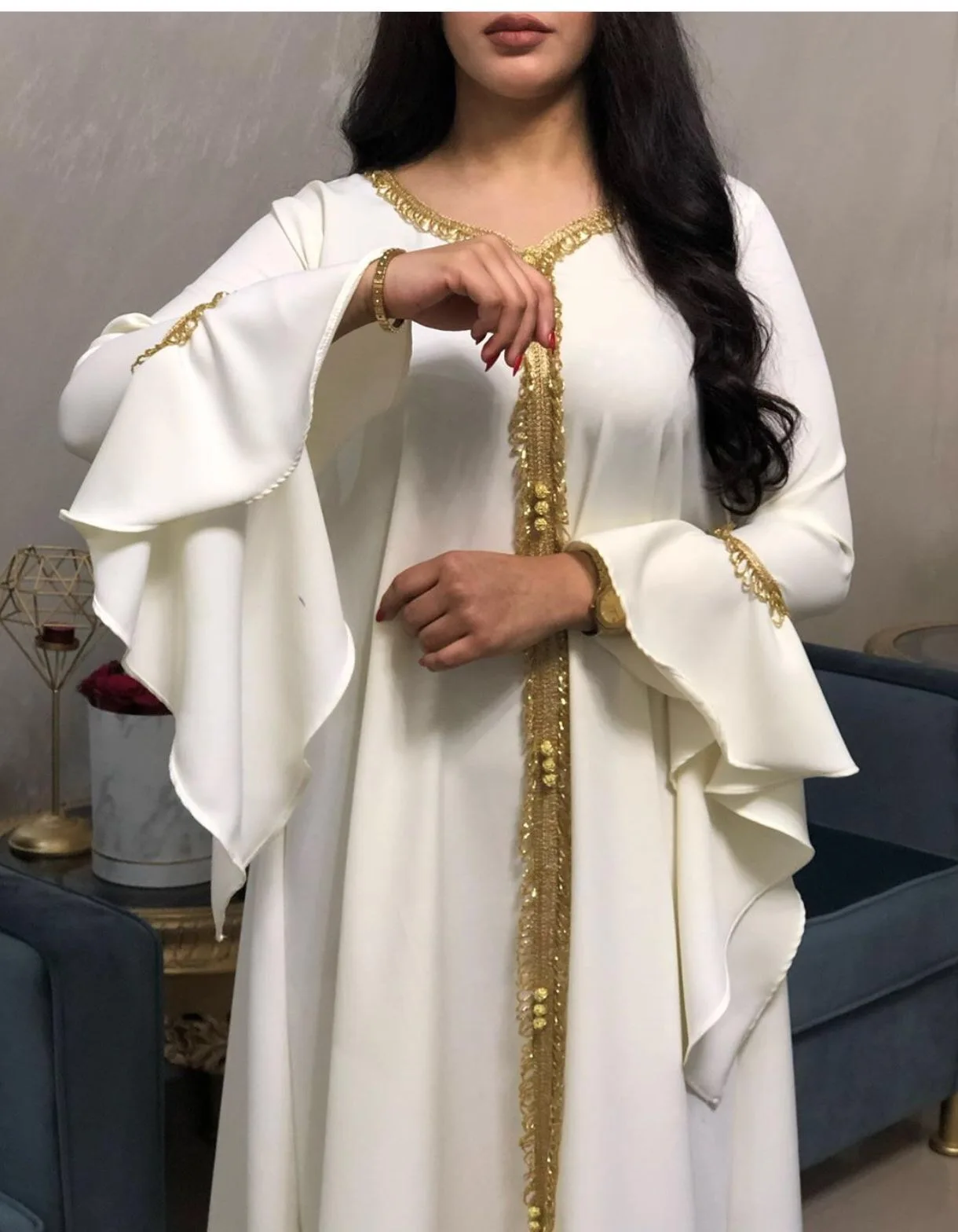 

Gold Embroidered Ruffle Long Sleeve Kaftan Muslim Clothing Women Arabic Dress Abaya, Customers' requirements