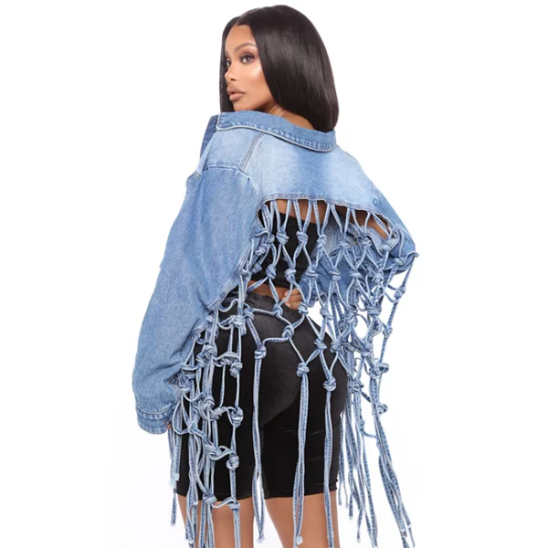 

Unique Design Hot Sale Casual Crop Top Long Sleeve Tassel Mesh Back Hole Button Cotton Denim Coat Ladies Blue Jean Jackets Women, Picture